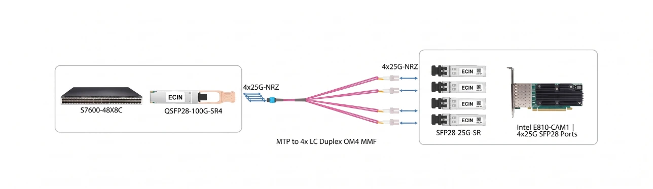 diagram shows a 100G to 4x 25G breakout connection