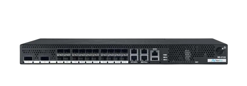 NoviSwitch 2122 front panel showing SFP cages, management and console ports