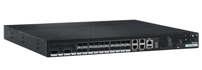 NoviSwitch 2122 at an angle, showing chassis depth and front panel