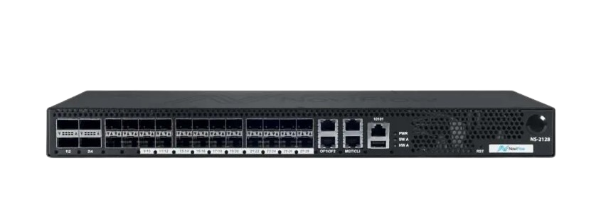 NoviSwitch 2128 front panel showing port row, management and console ports
