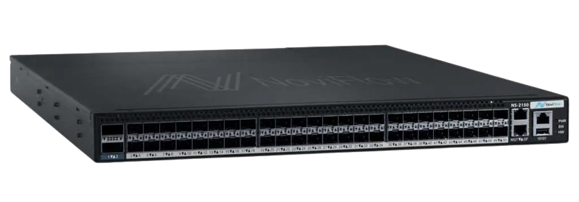 NoviSwitch 2150 at an angle, showing chassis depth and front panel