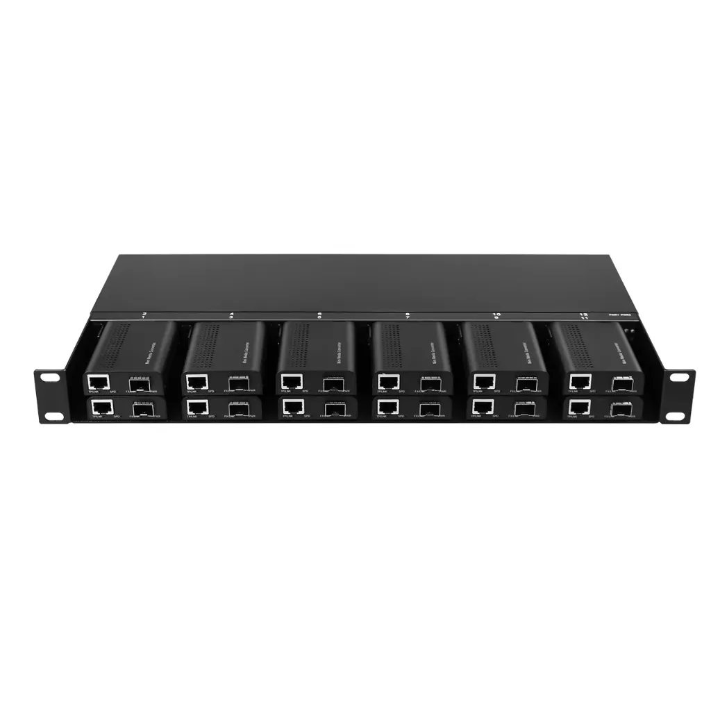 [EN-MCRCK-12S1RU-DC] 12-Slot Mini Media Converter Rack with Dual DC PSU